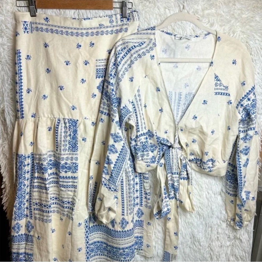 MAISON D’AIMELIE Paris Wrap Top and Skirt Cream Blue Block Print SZ L Wrap top